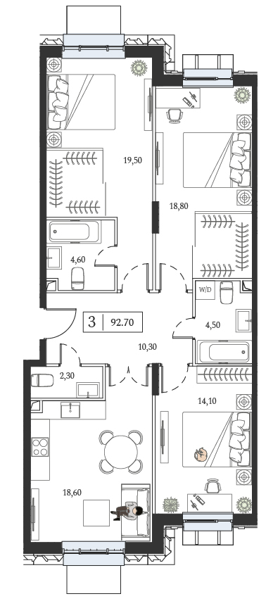 Планировка: 3-комнатная, 92,7 м²