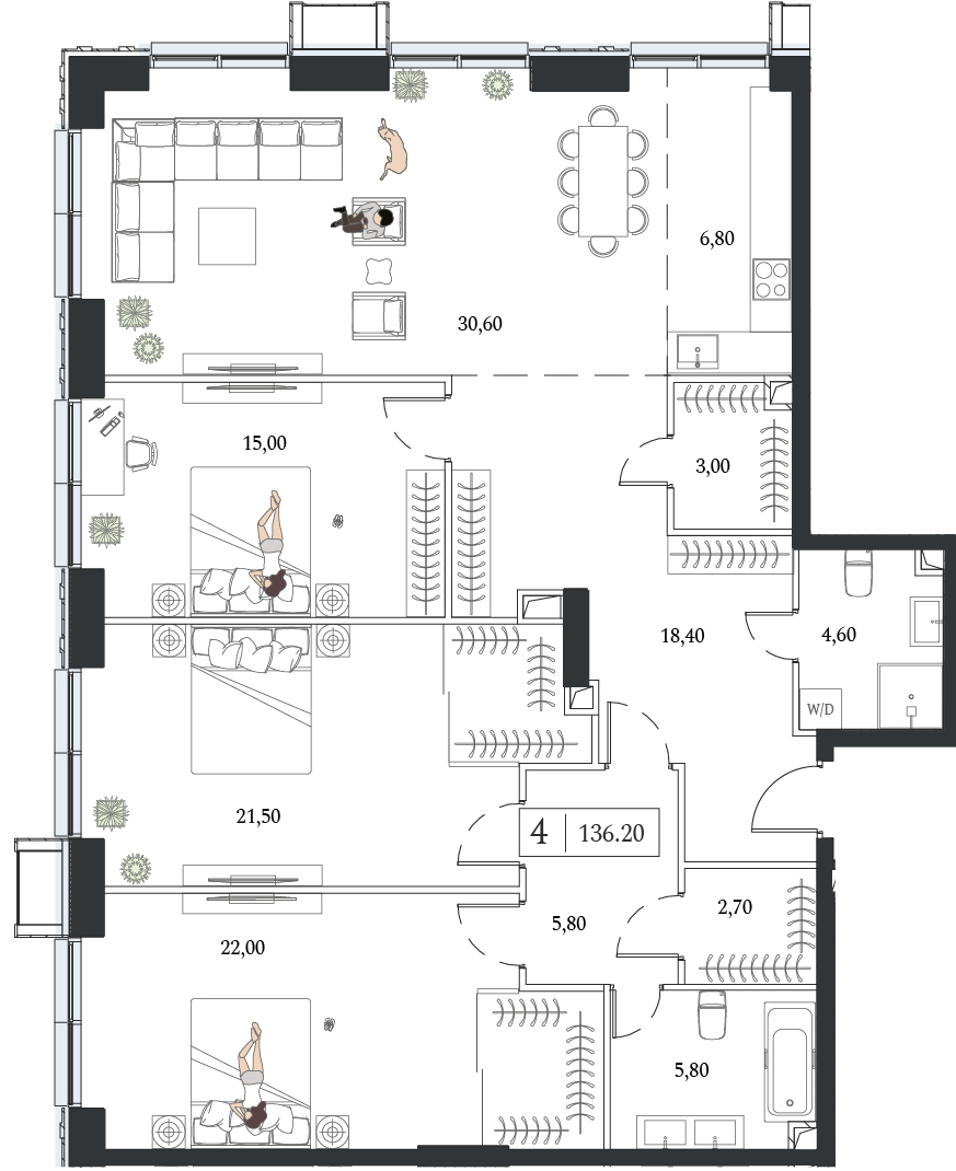 Планировка: 3-комнатная, 136,2 м²
