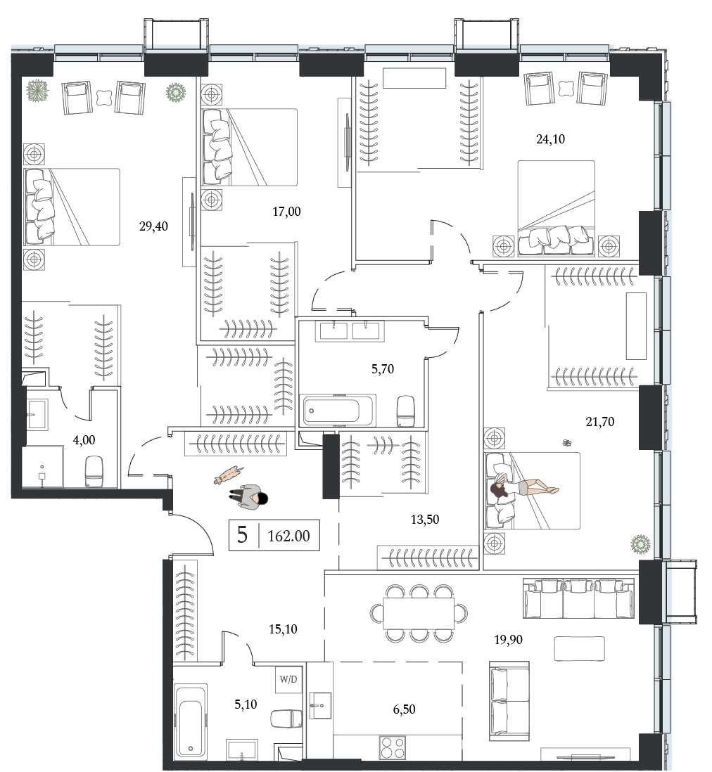 Планировка: 4-комнатная, 162 м²
