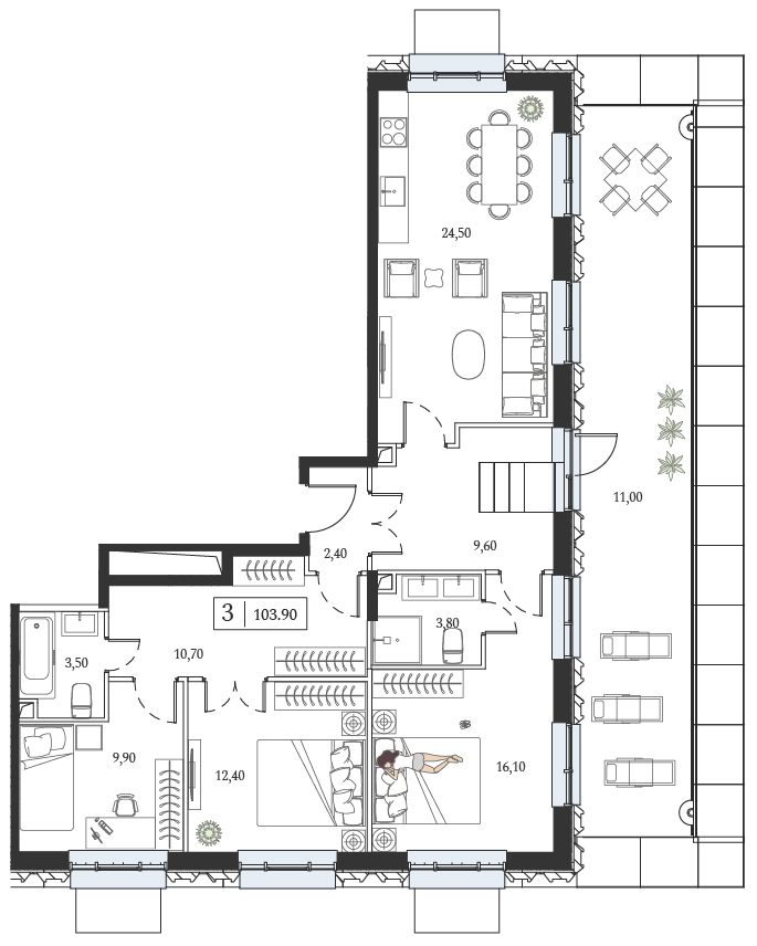Планировка: 3-комнатная, 103,9 м²