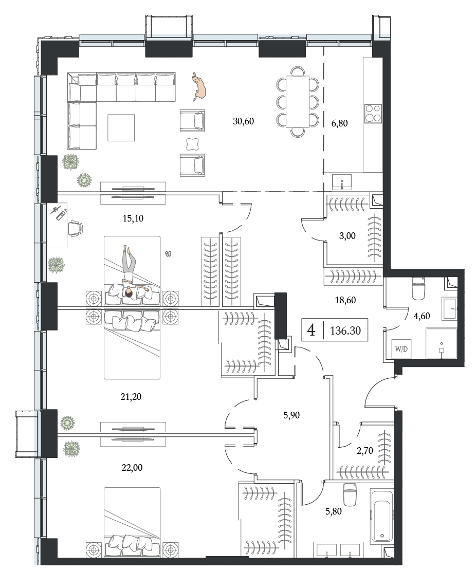 Планировка: 3-комнатная, 136,3 м²
