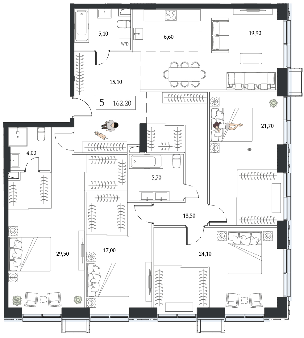Планировка: 4-комнатная, 162,2 м²