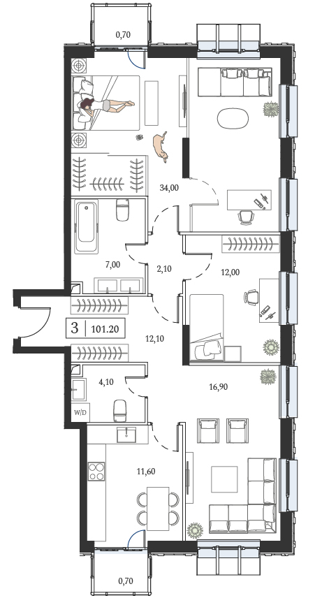 Планировка: 3-комнатная, 101,2 м²
