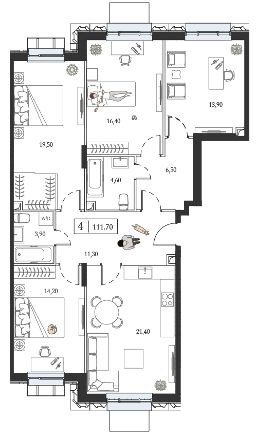 Планировка: 3-комнатная, 111,7 м²