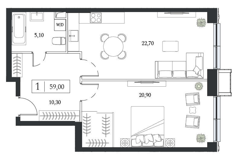 Планировка: 1-комнатная, 59 м²
