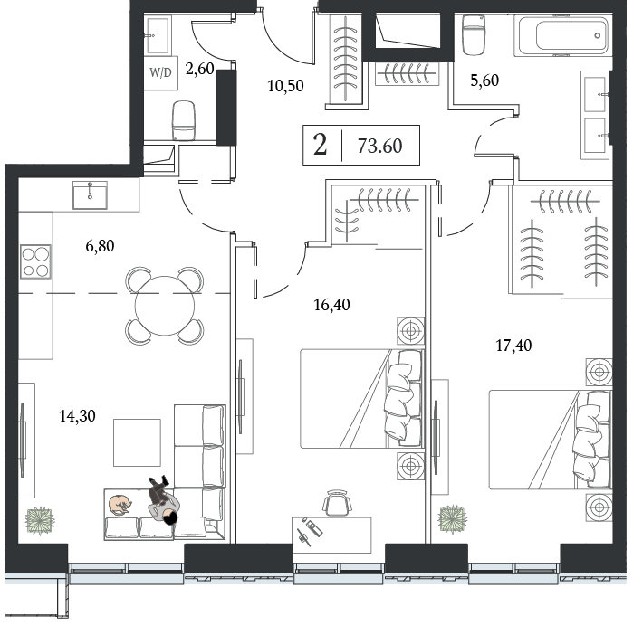 Планировка: 2-комнатная, 73,6 м²