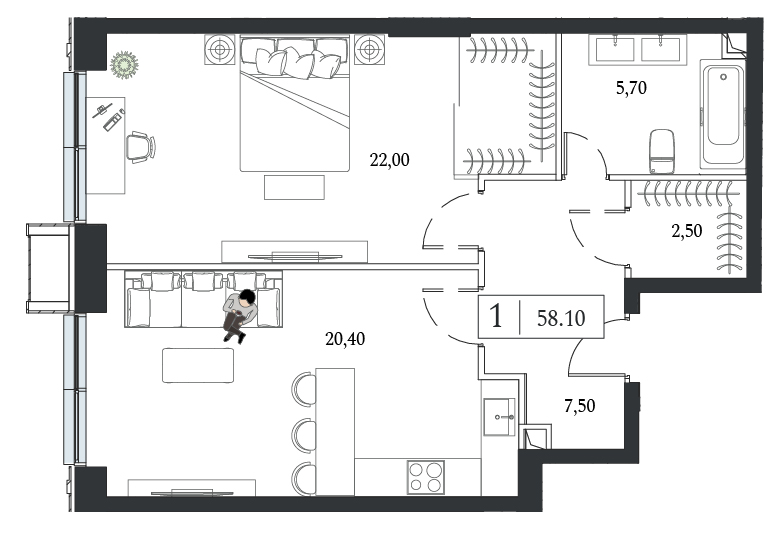 Планировка: 1-комнатная, 58,1 м²