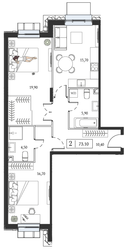 Планировка: 2-комнатная, 73,1 м²