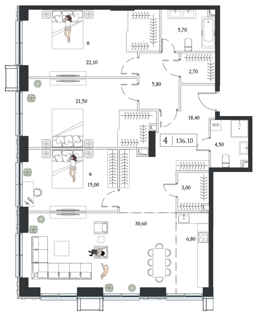 Планировка: 3-комнатная, 136,1 м²