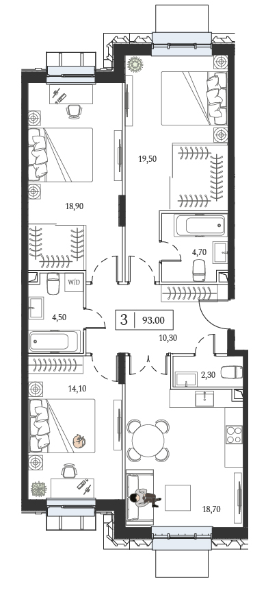 Планировка: 3-комнатная, 93 м²