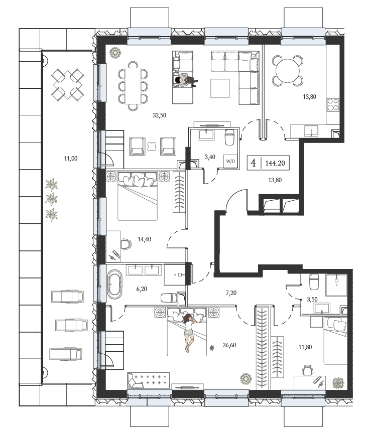 Планировка: 3-комнатная, 144,2 м²