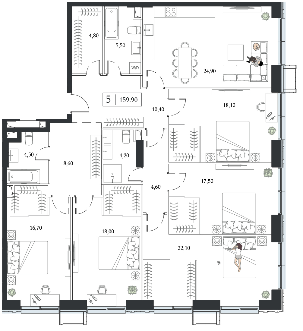 Планировка: 5-комнатная, 159,9 м²