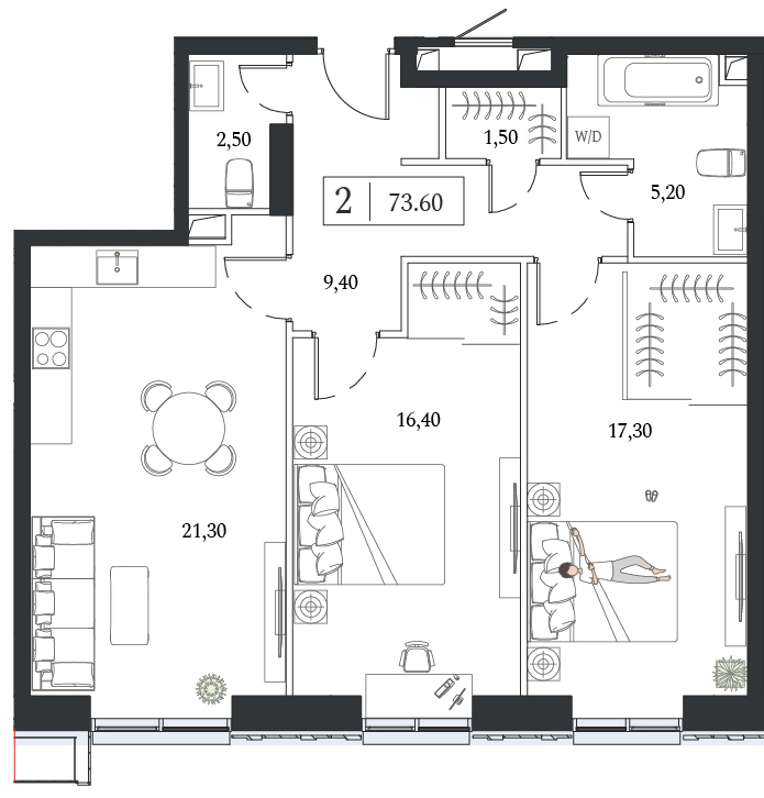 Планировка: 2-комнатная, 73,6 м²