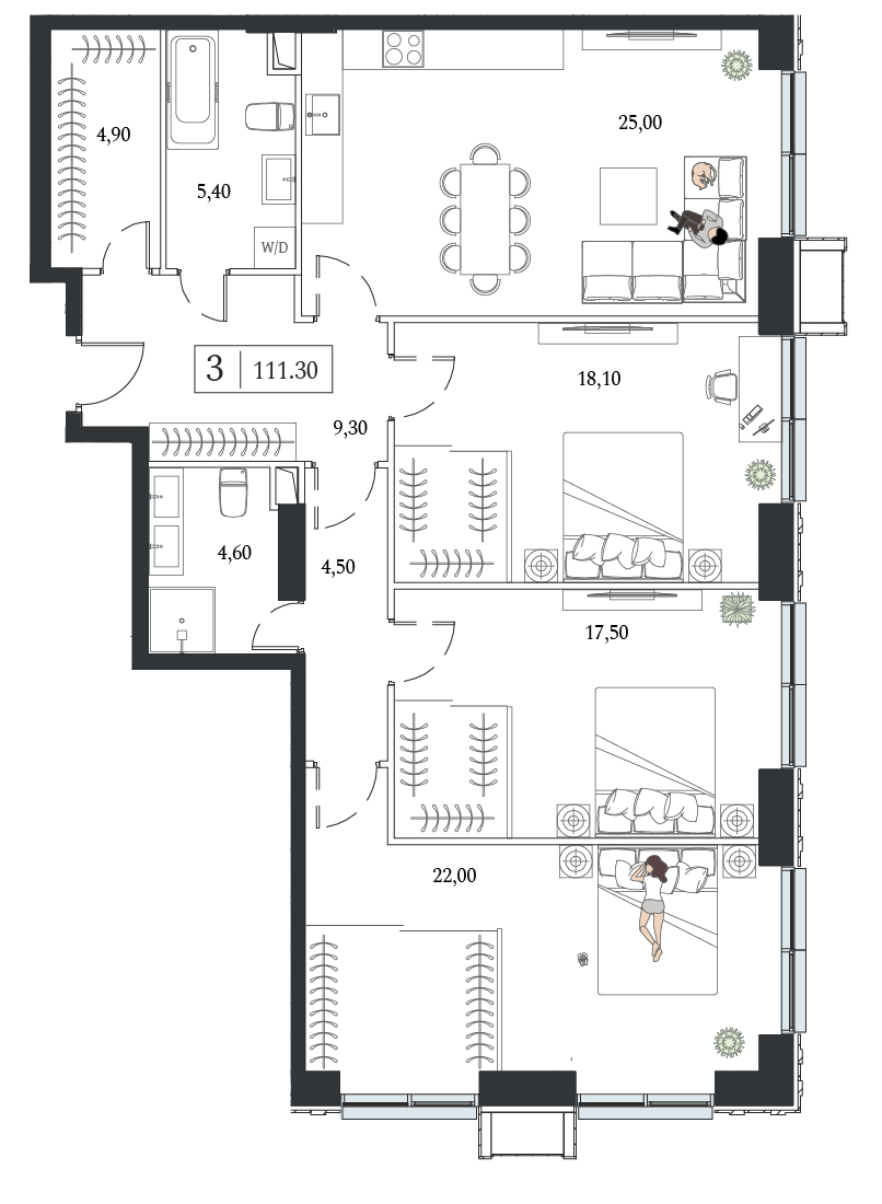 Планировка: 3-комнатная, 111,3 м²