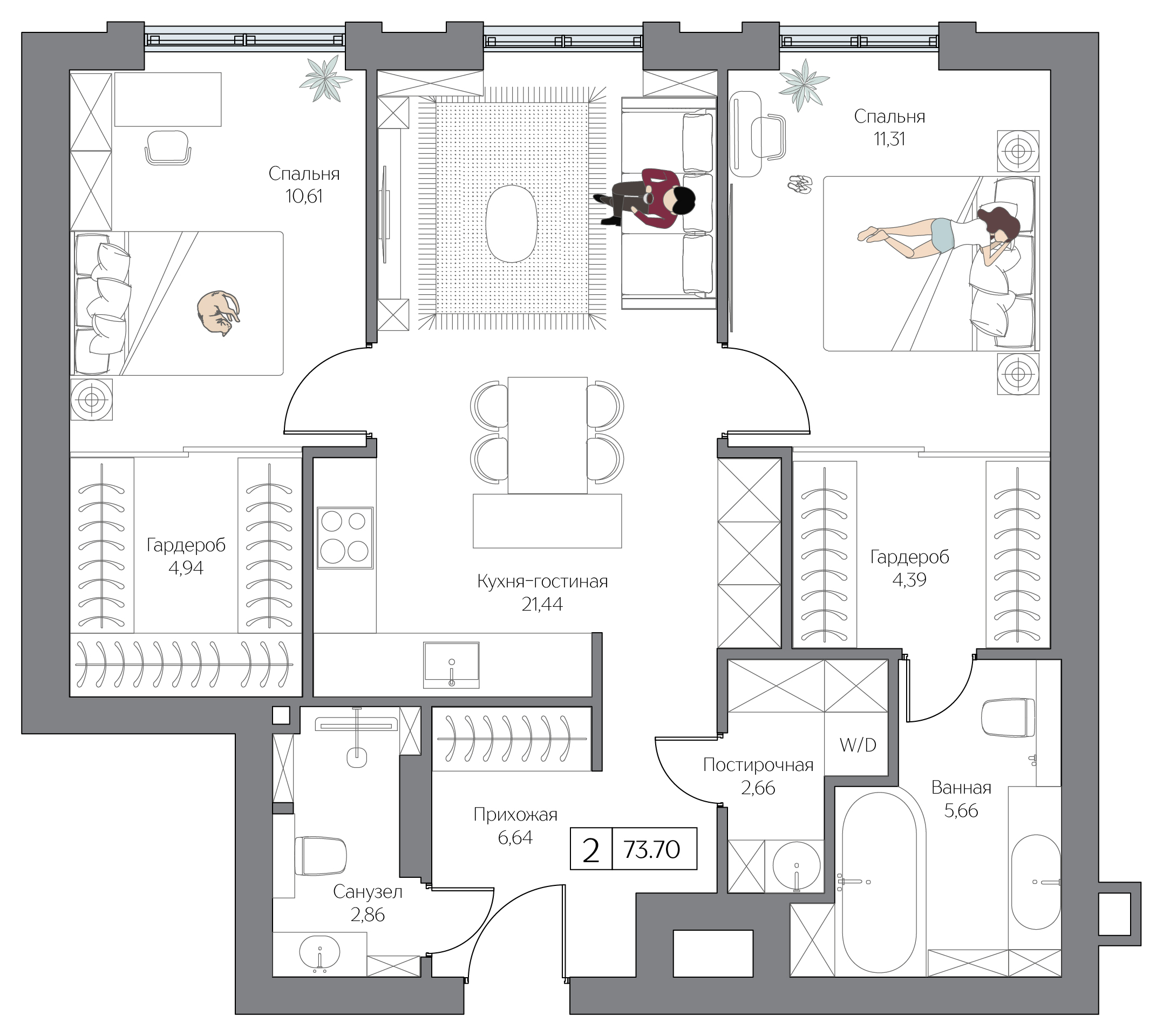 Планировка: 2-комнатная, 73,7 м²