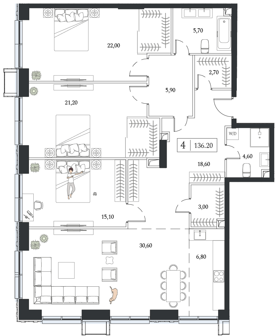 Планировка: 3-комнатная, 136,2 м²