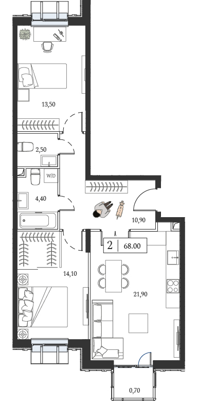 Планировка: 2-комнатная, 68 м²
