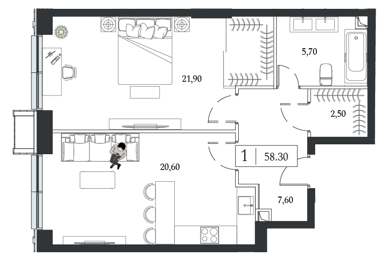 Планировка: 1-комнатная, 58,3 м²