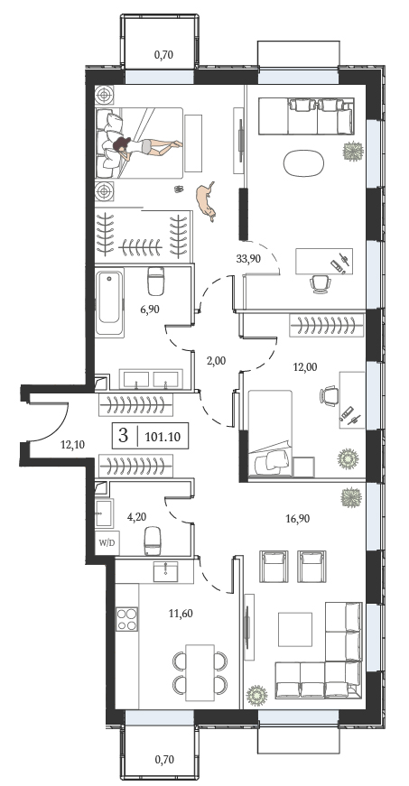 Планировка: 3-комнатная, 101,1 м²
