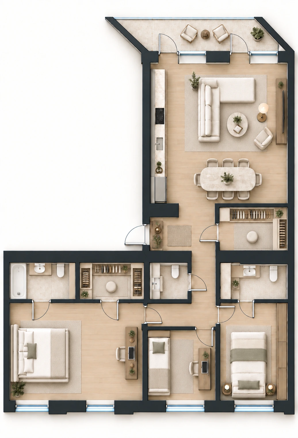 Планировка квартиры № 476, 135,2 м². 3D-визуализация.