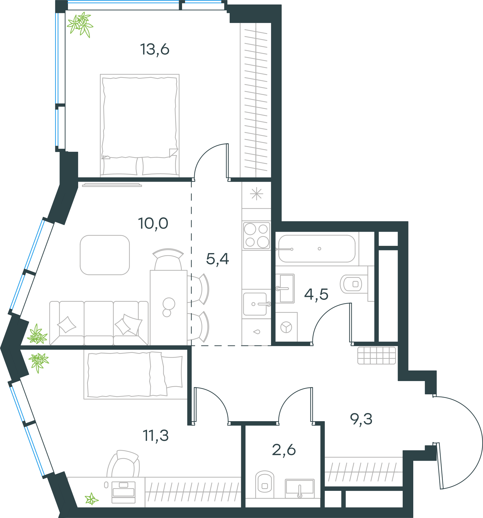 Планировка: 3-комнатная, 56,7 м²