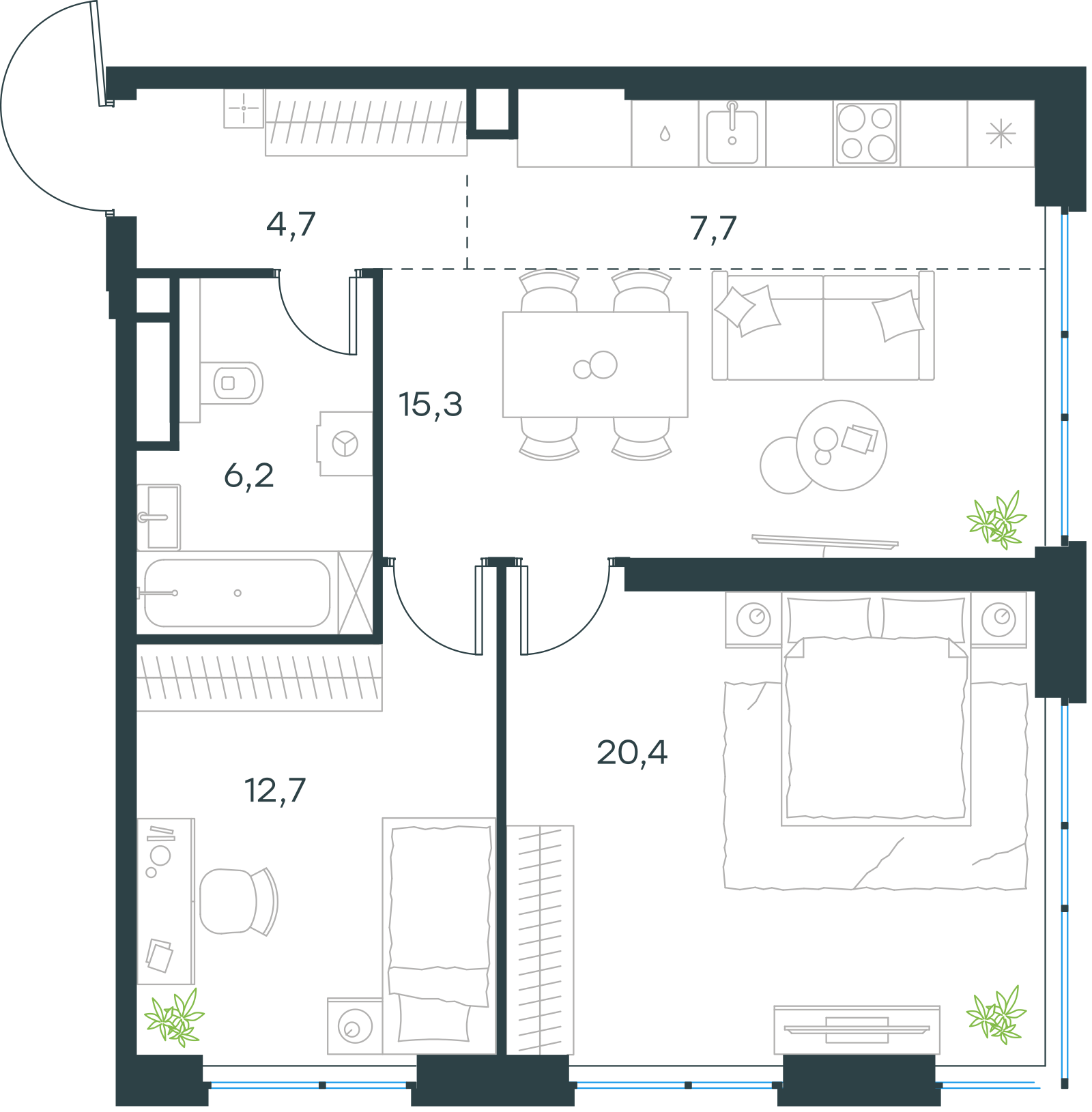 Планировка: 3-комнатная, 67 м²