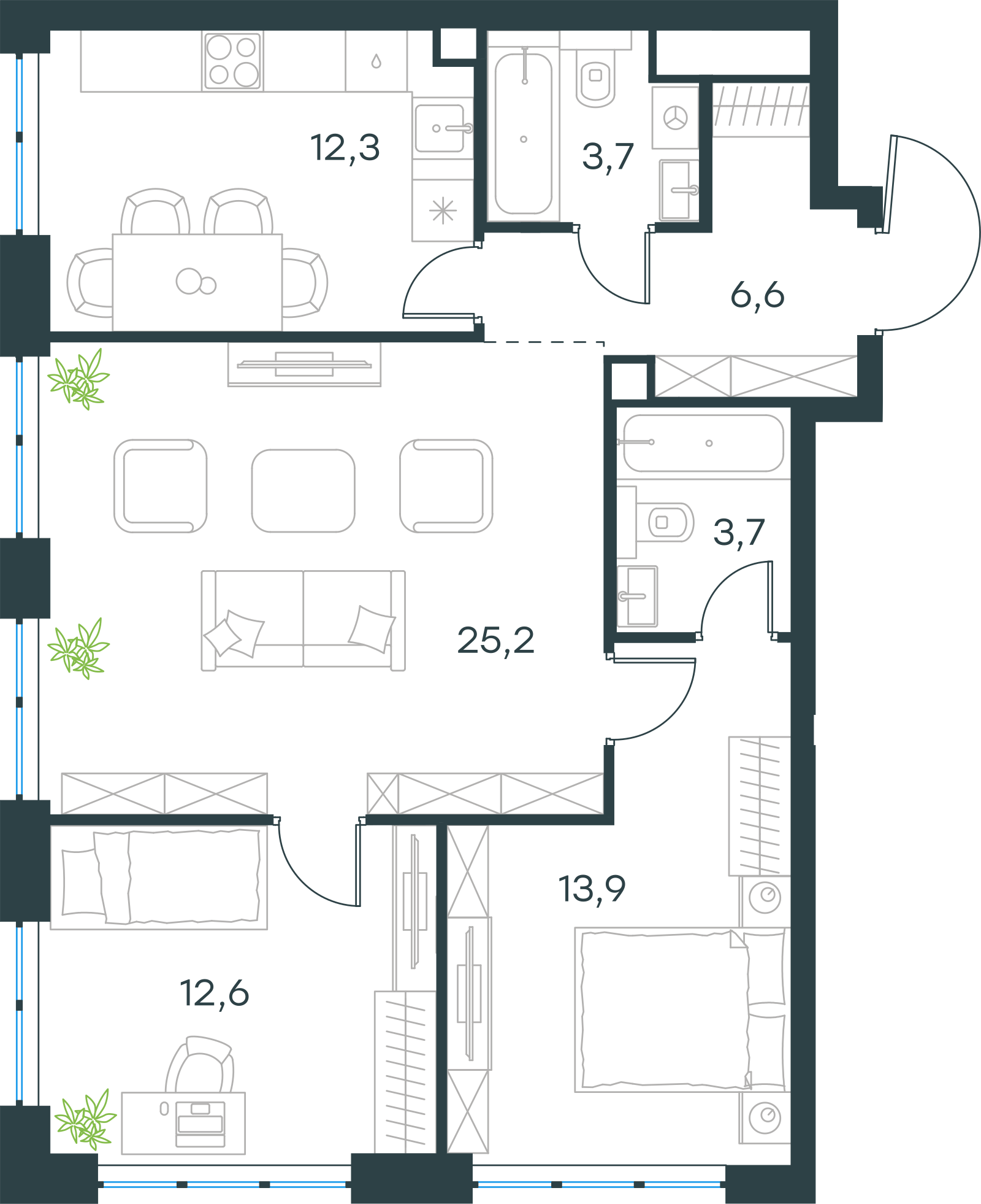 Планировка: 3-комнатная, 78 м²