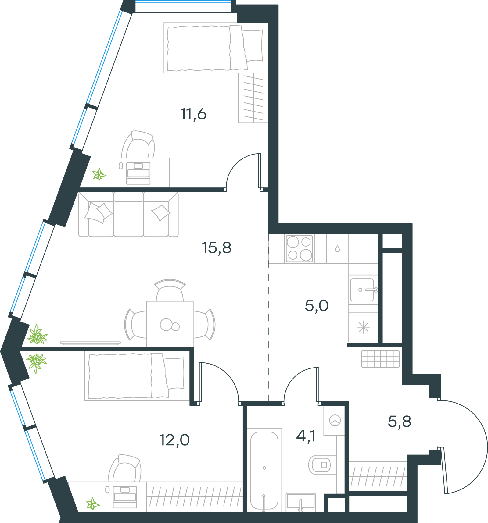 Планировка: Пентхаус, 54,3 м²