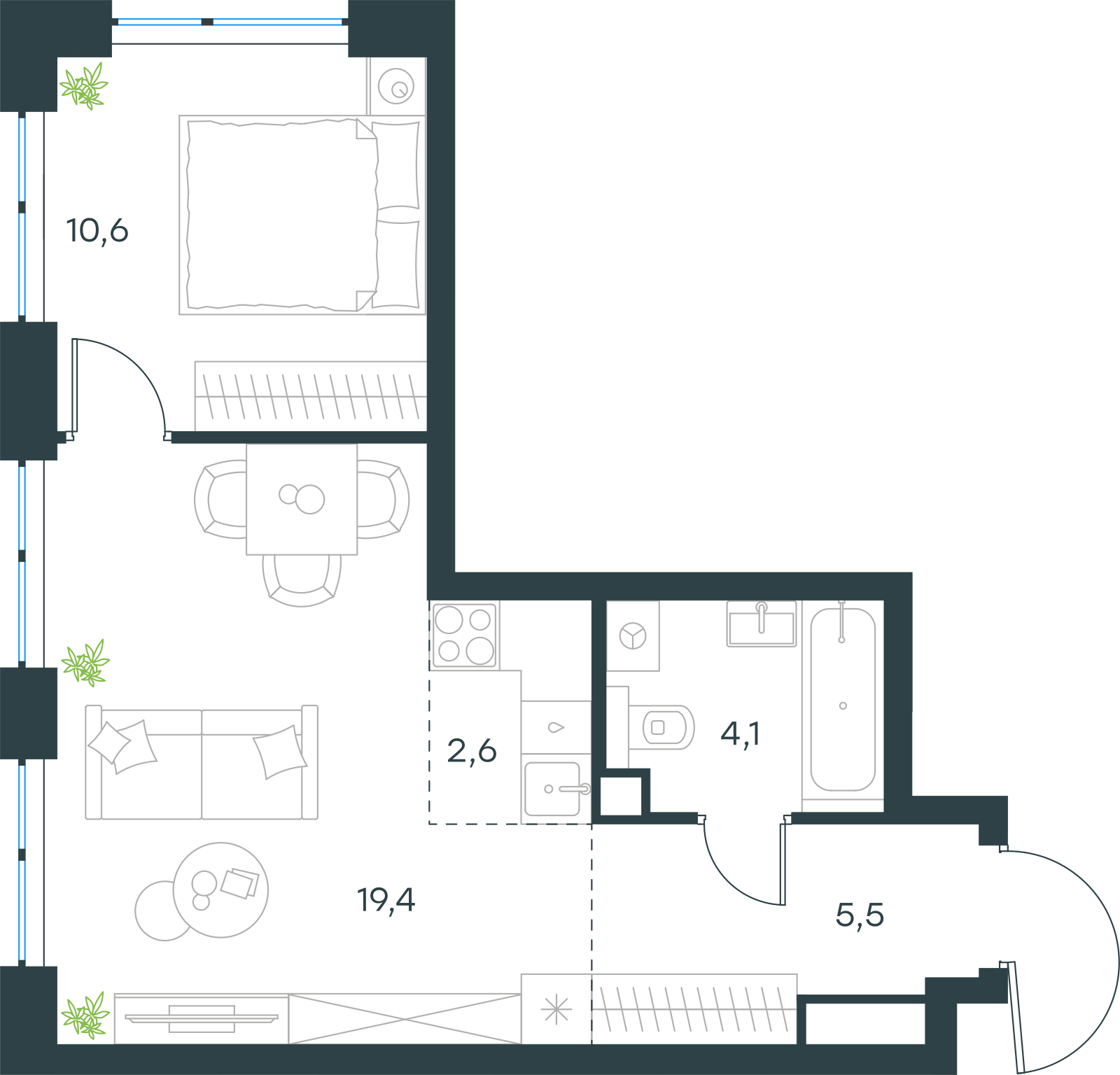 Планировка: 2-комнатная, 42,2 м²