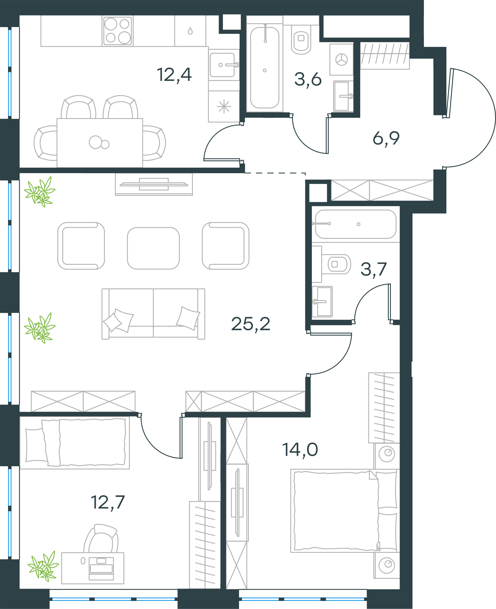 Планировка: 3-комнатная, 78,5 м²