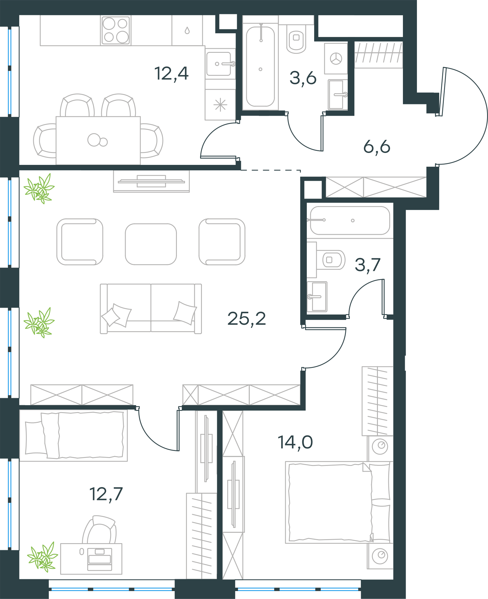 Планировка: 3-комнатная, 78,2 м²