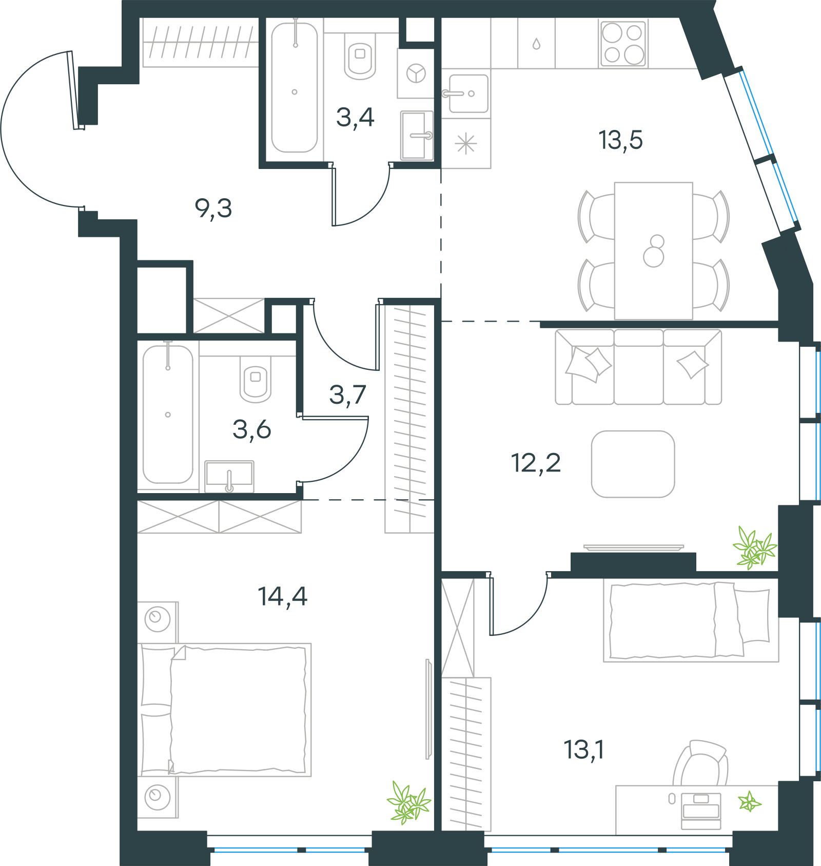 Планировка: 3-комнатная, 73,1 м²