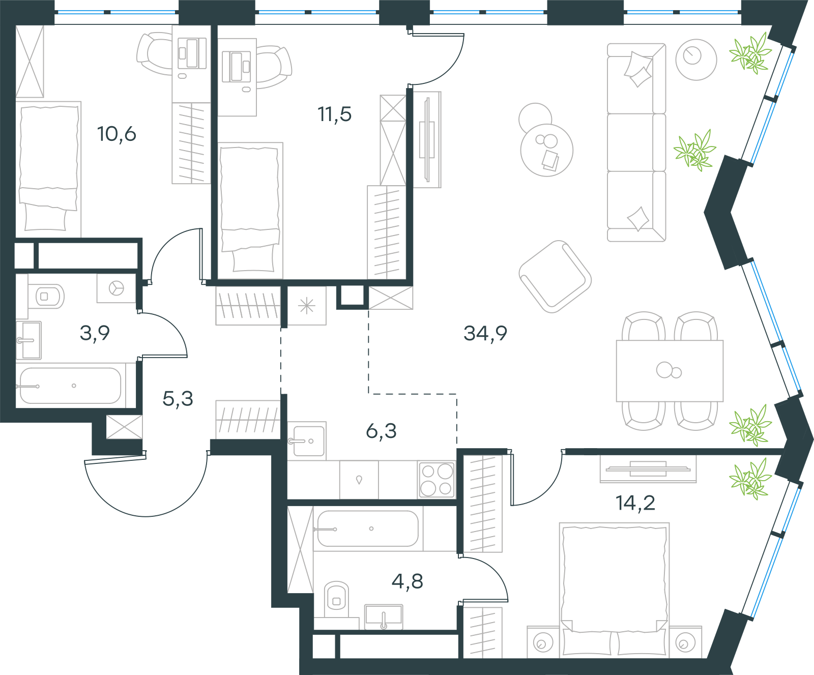 Планировка: 4-комнатная, 91,5 м²