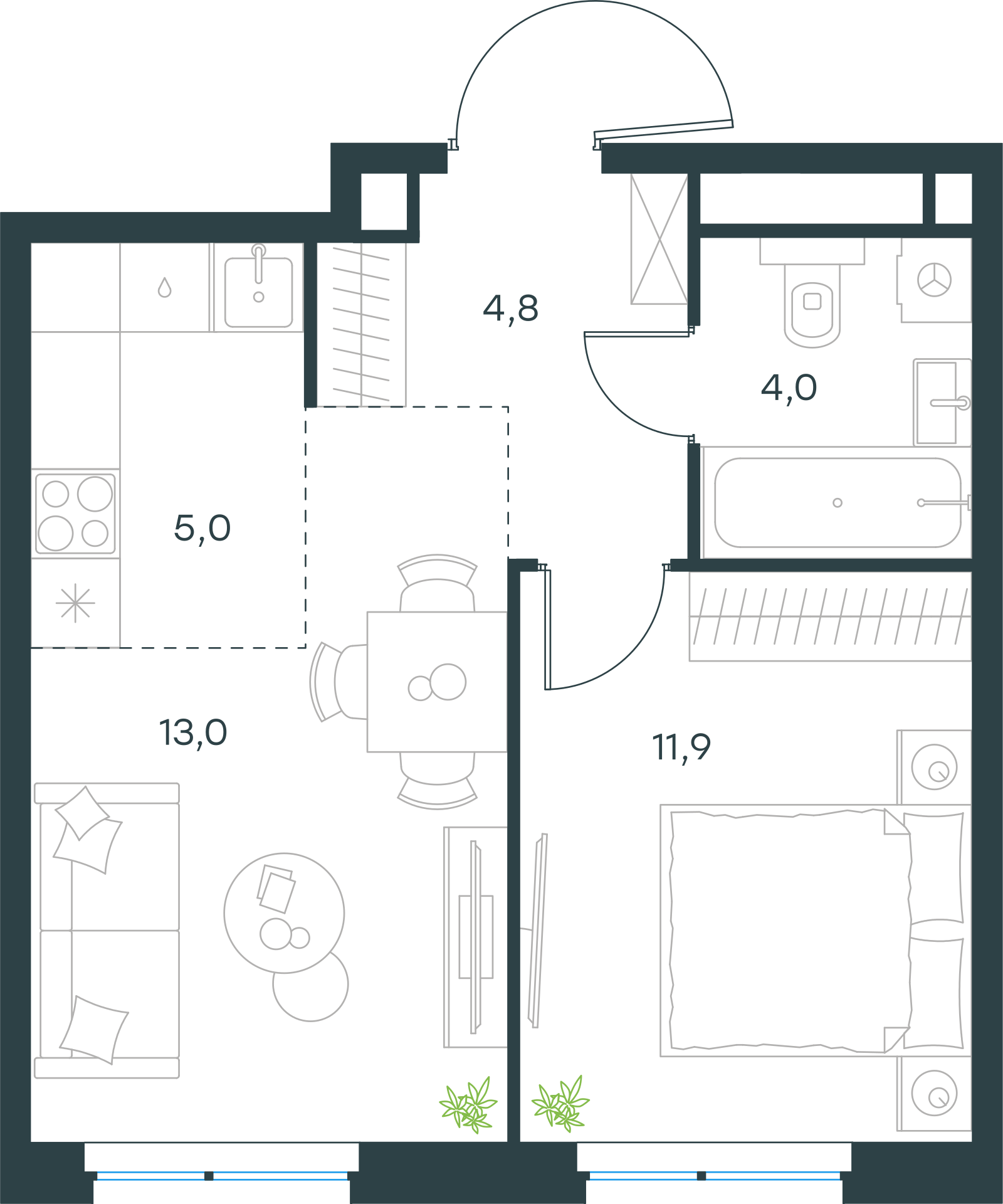 Планировка: 2-комнатная, 38,7 м²
