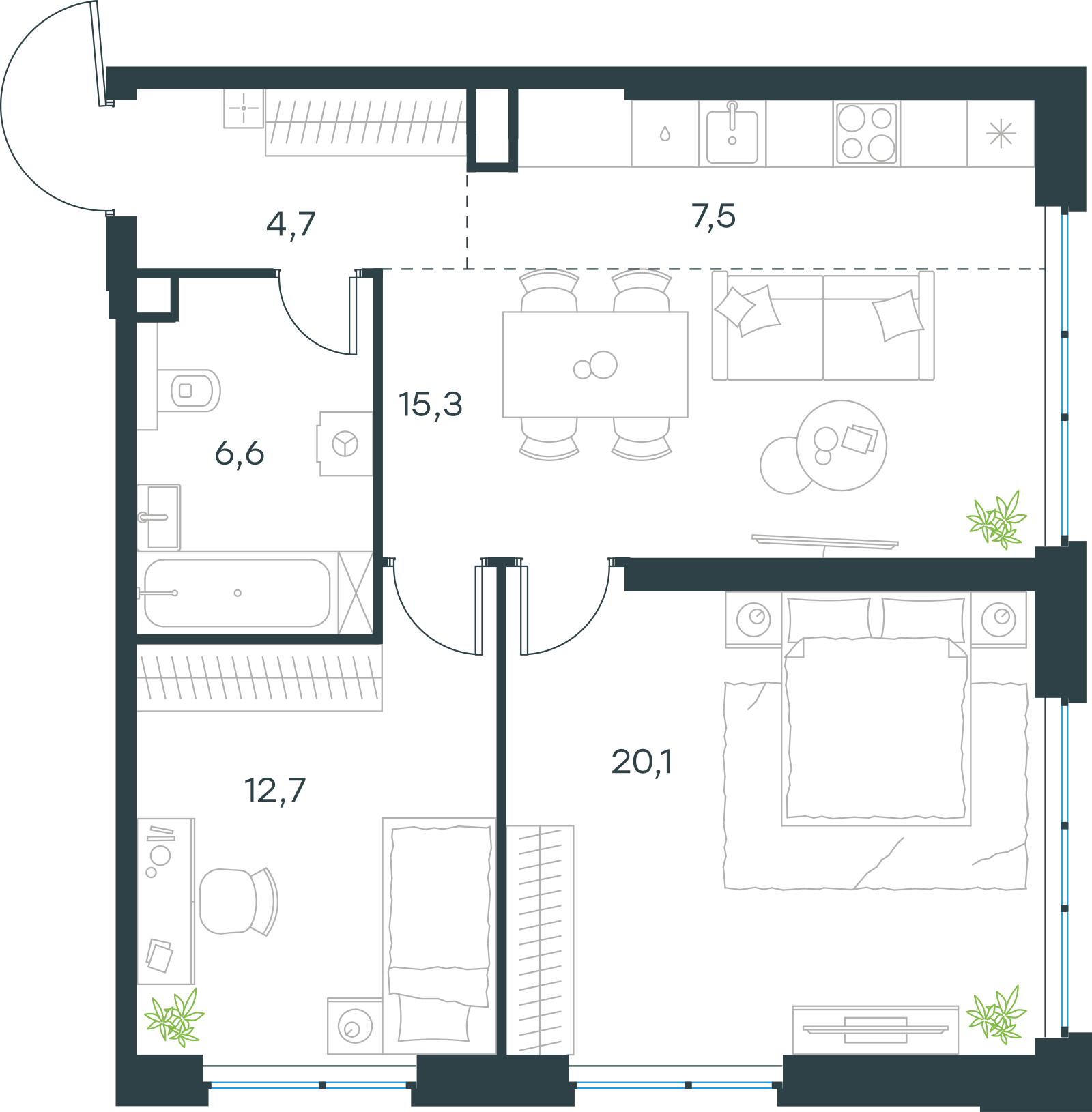 Планировка: 3-комнатная, 66,9 м²