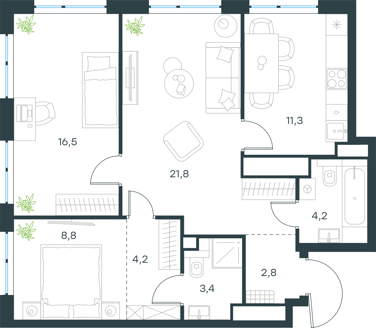 Планировка: 3-комнатная, 73 м²