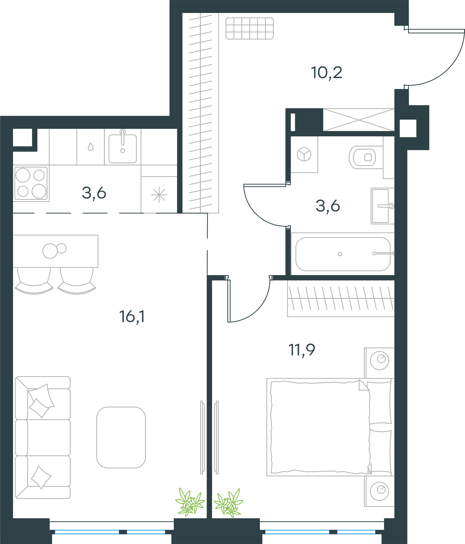 Планировка: 2-комнатная, 45,4 м²