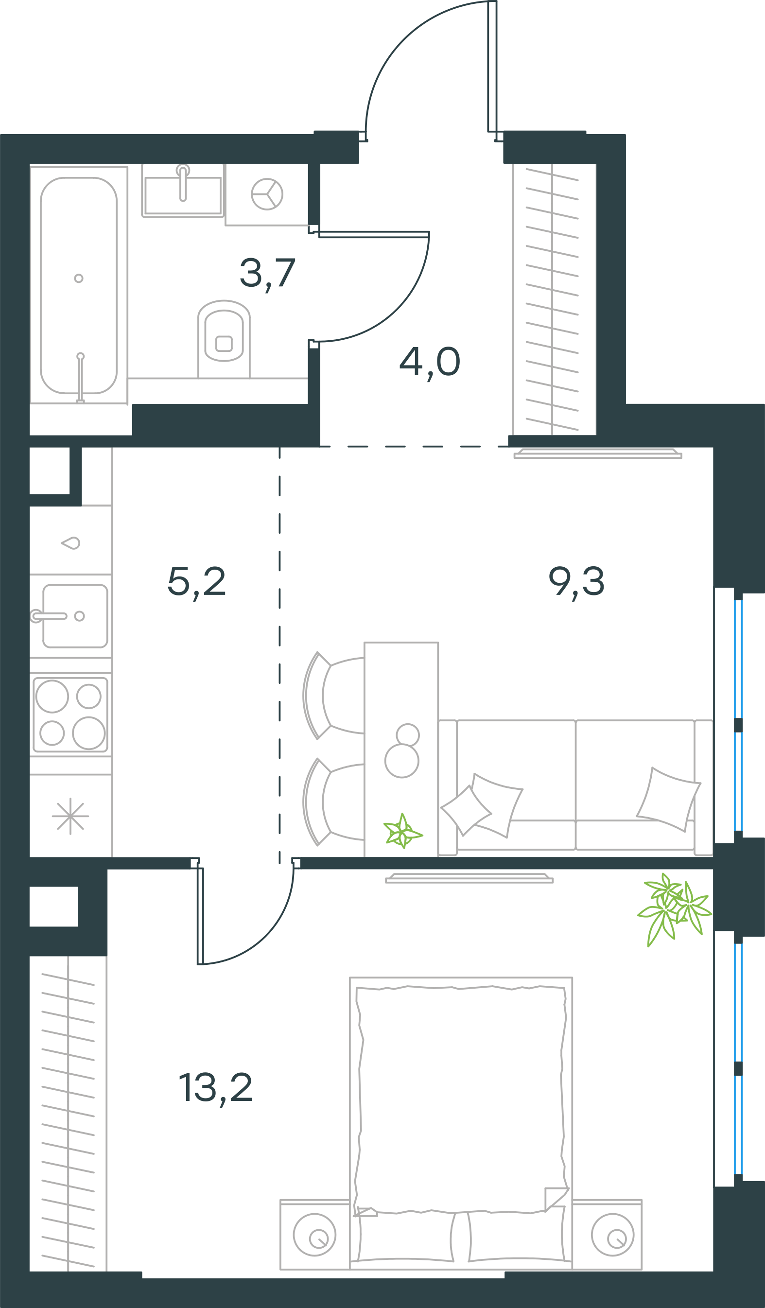 Планировка: 2-комнатная, 35,4 м²