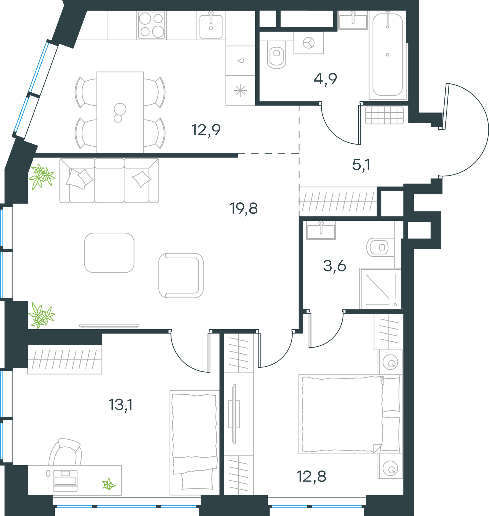 Планировка: 3-комнатная, 72,2 м²