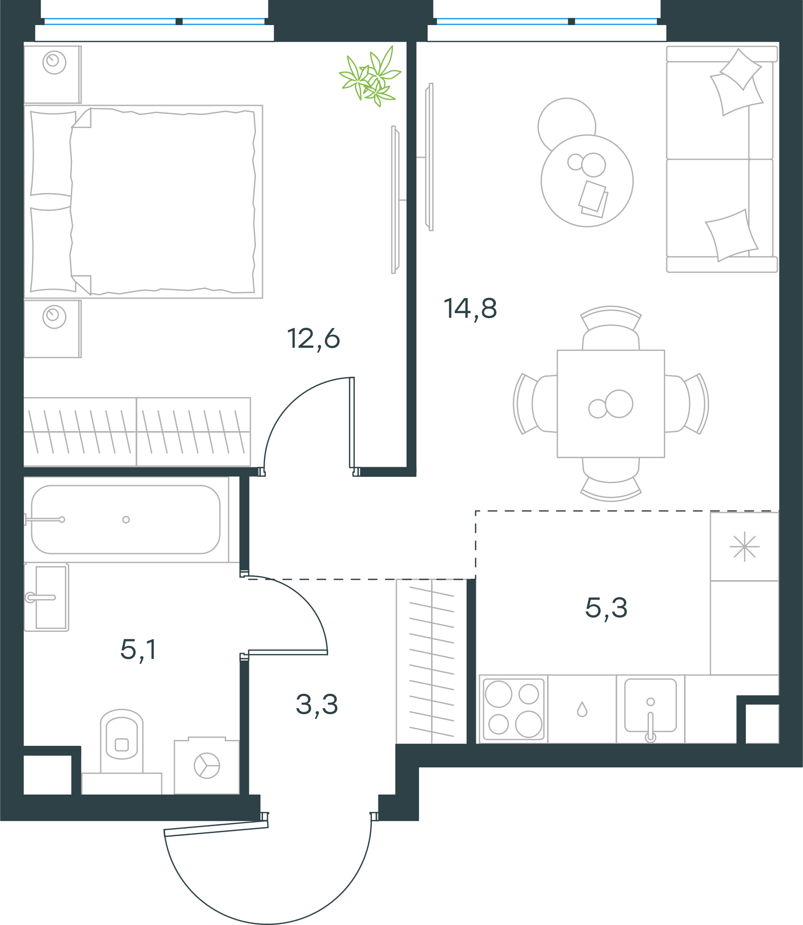 Планировка: 2-комнатная, 41,1 м²
