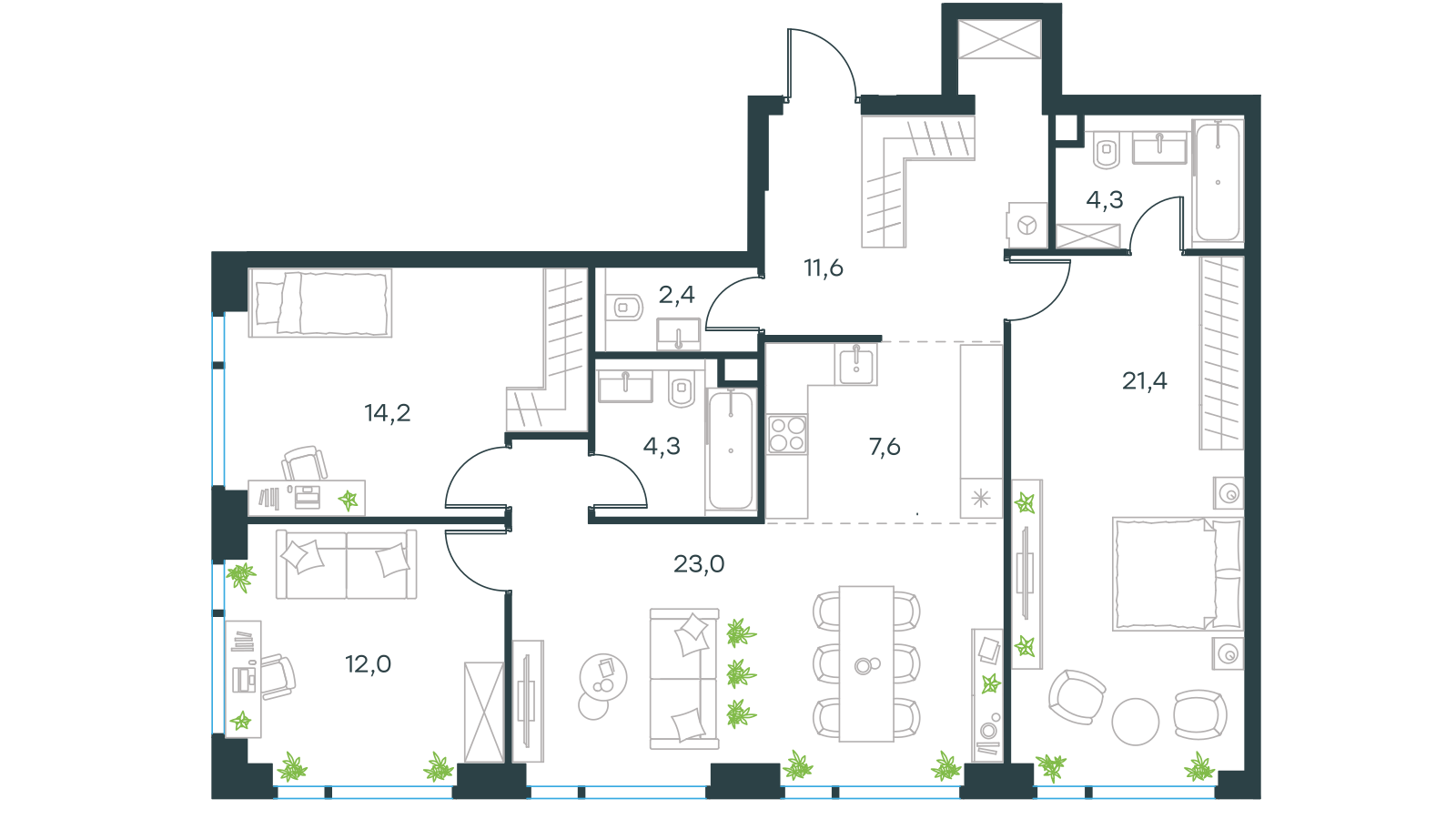 Планировка: 4-комнатная, 103,6 м²