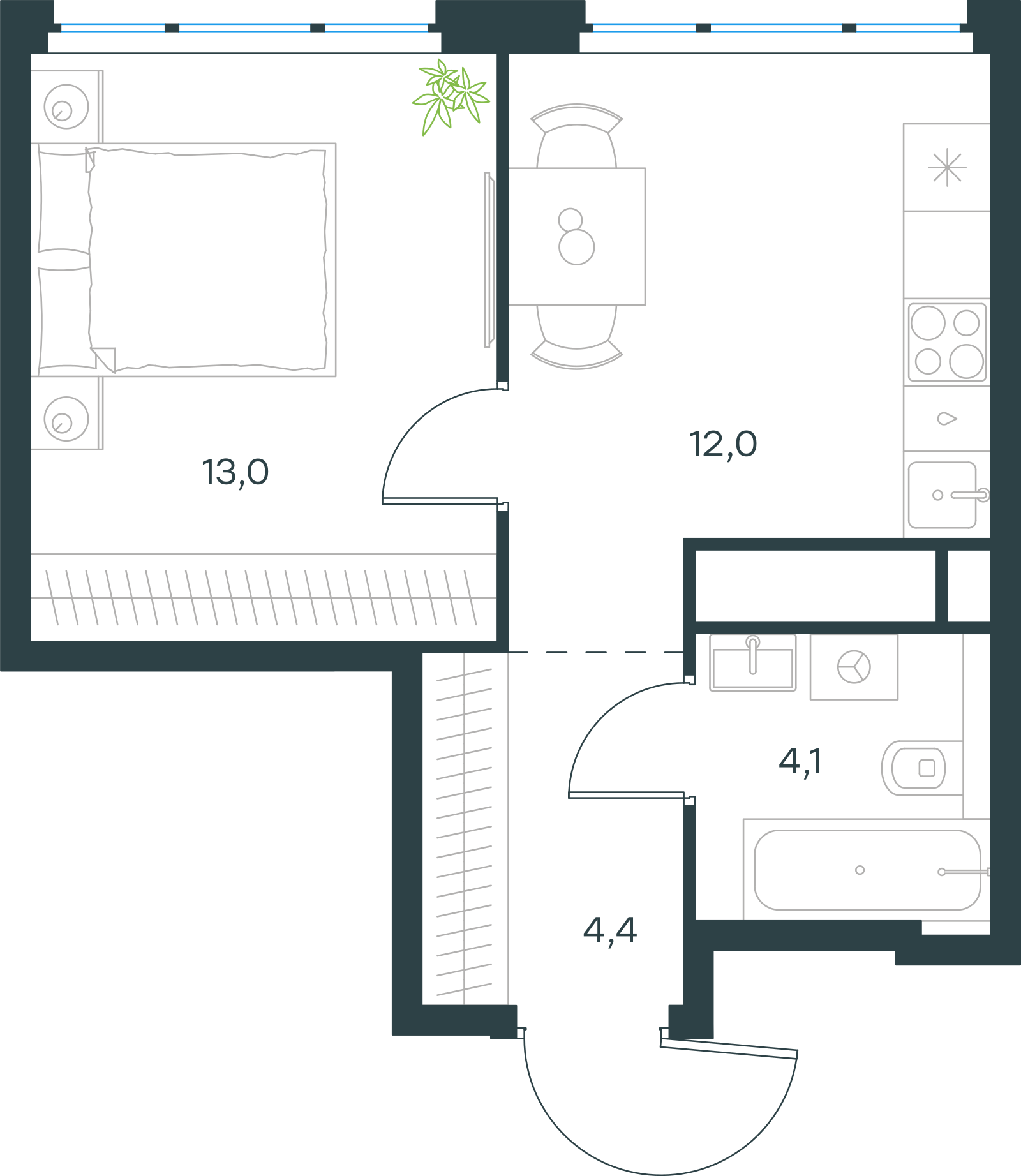 Планировка: 1-комнатная, 33,5 м²