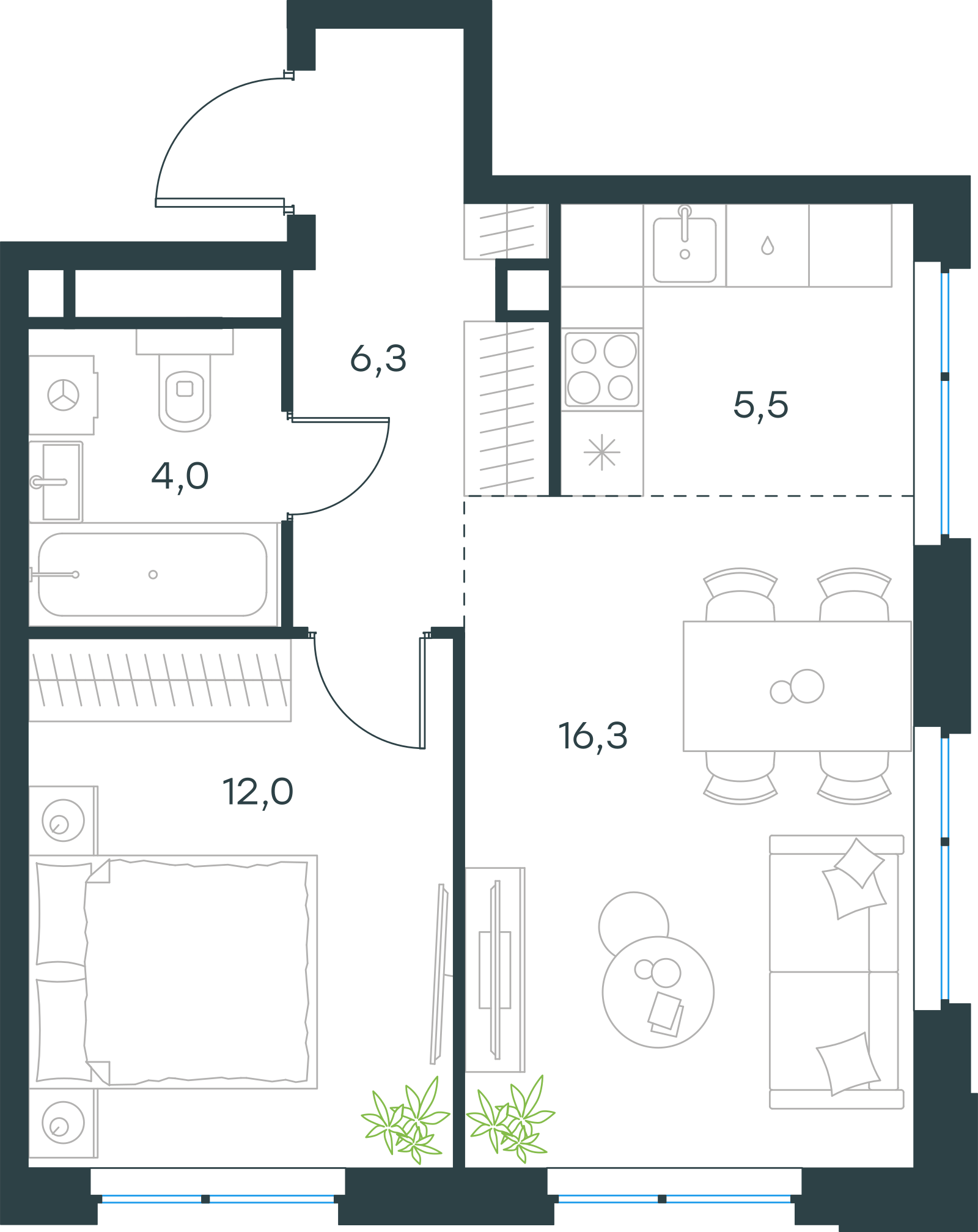 Планировка: 2-комнатная, 44,1 м²