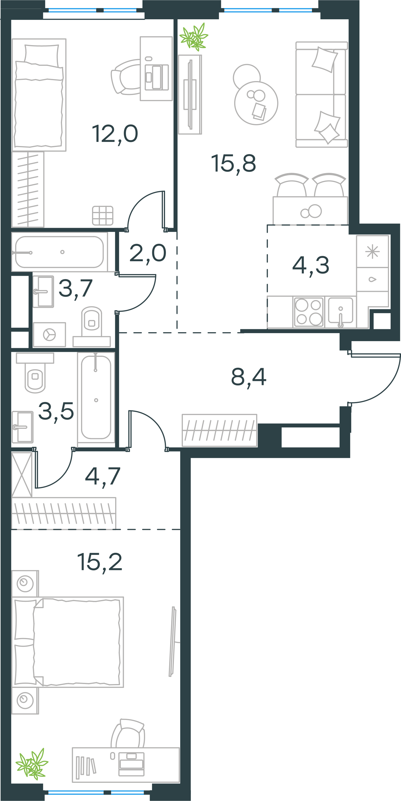 Планировка: 3-комнатная, 69,6 м²