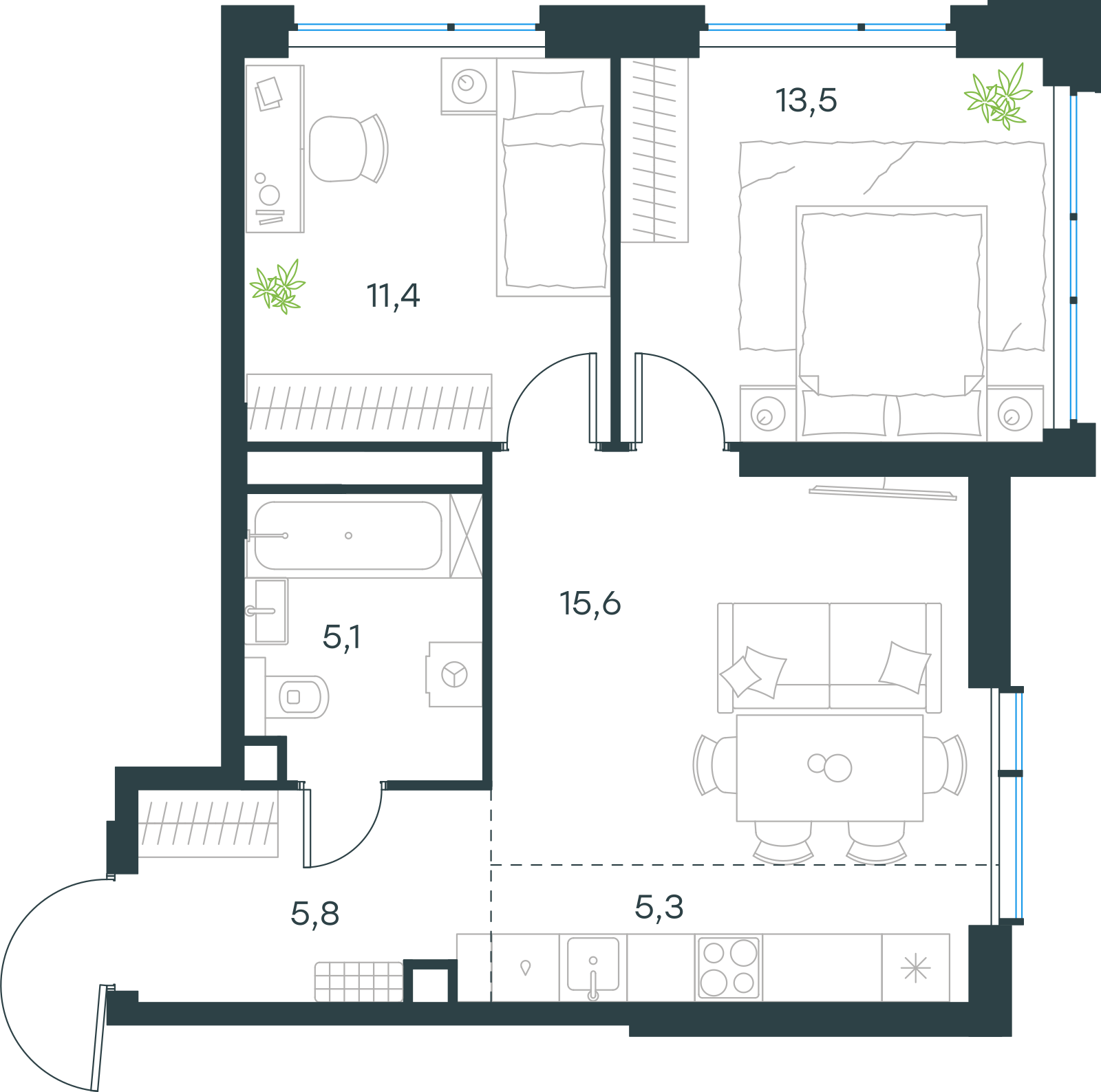 Планировка: 3-комнатная, 56,7 м²