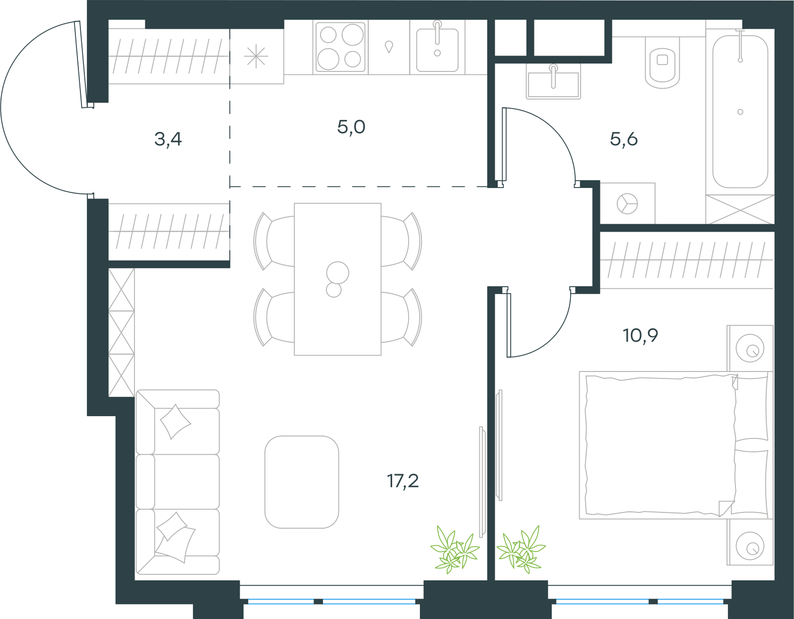 Планировка: 2-комнатная, 42,1 м²