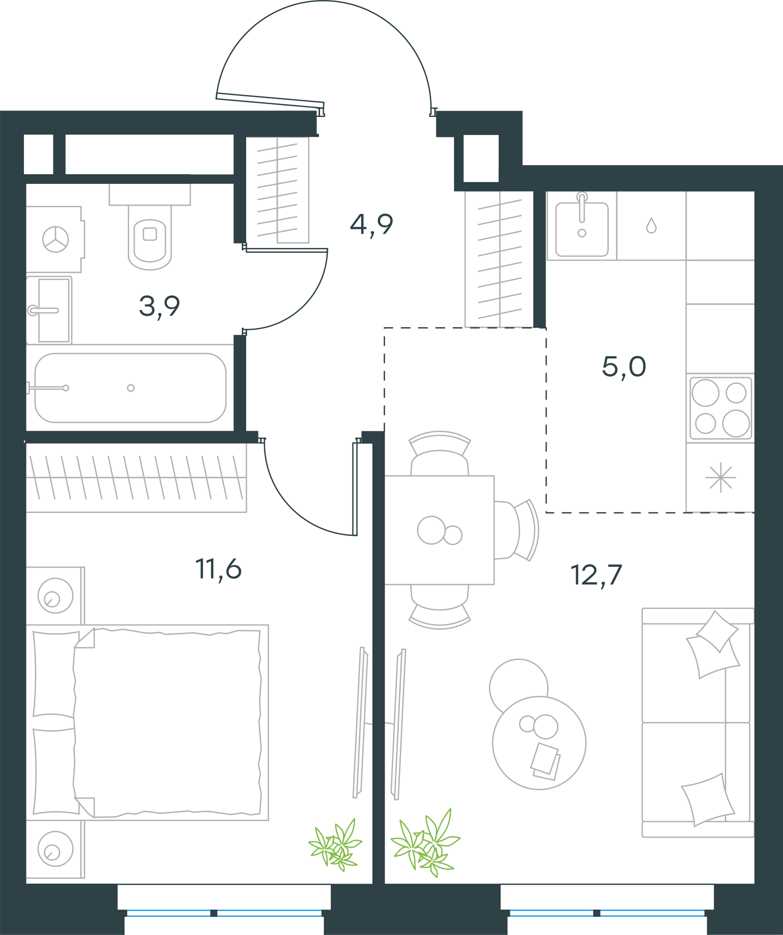 Планировка: 2-комнатная, 38,1 м²