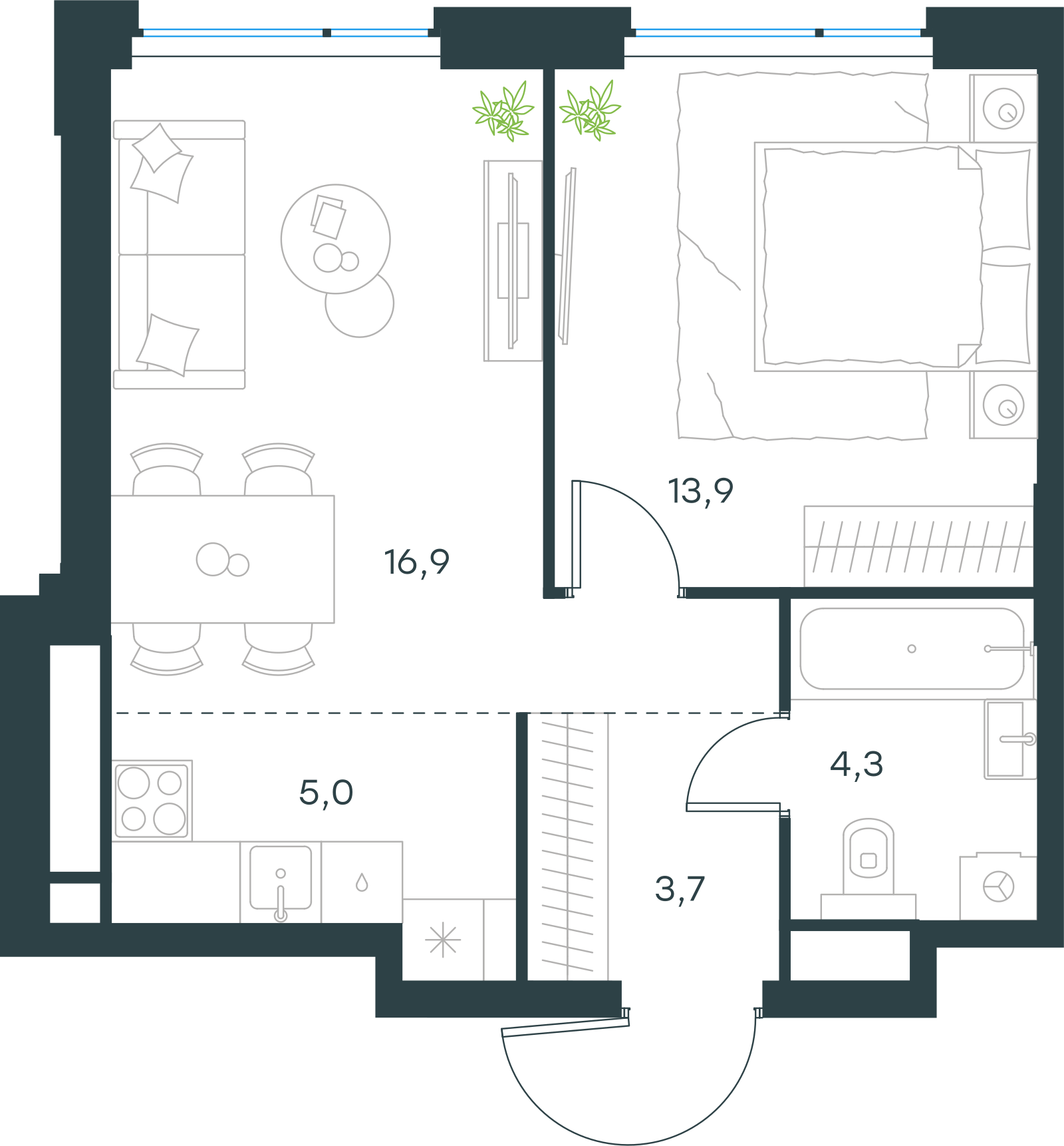 Планировка: 2-комнатная, 43,8 м²