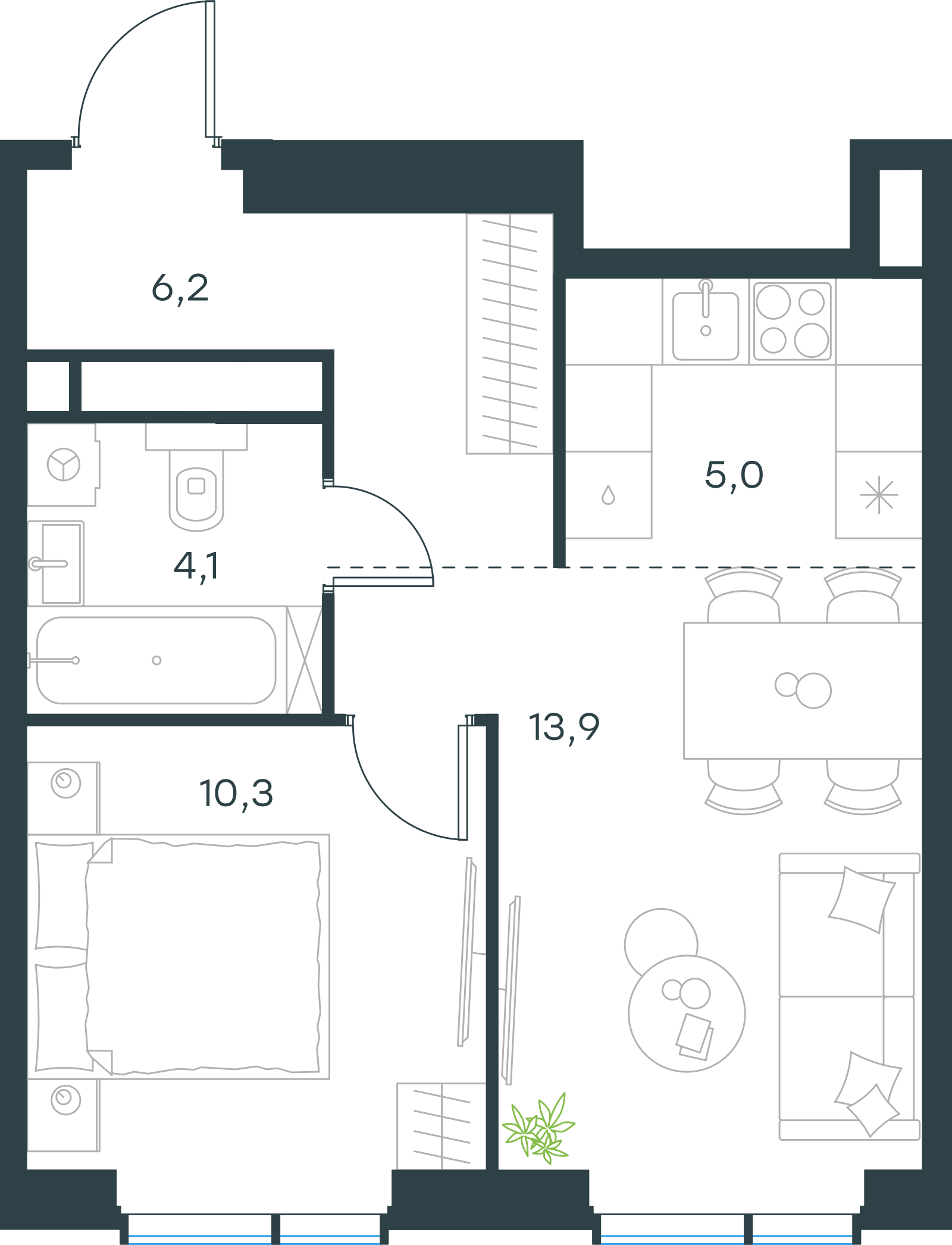 Планировка: 2-комнатная, 39,5 м²