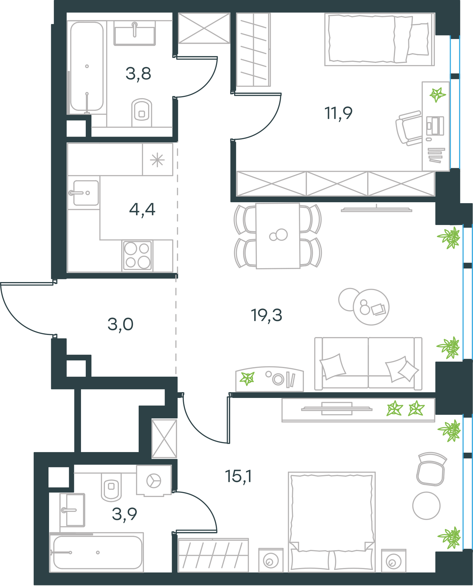 Планировка: 3-комнатная, 61,4 м²